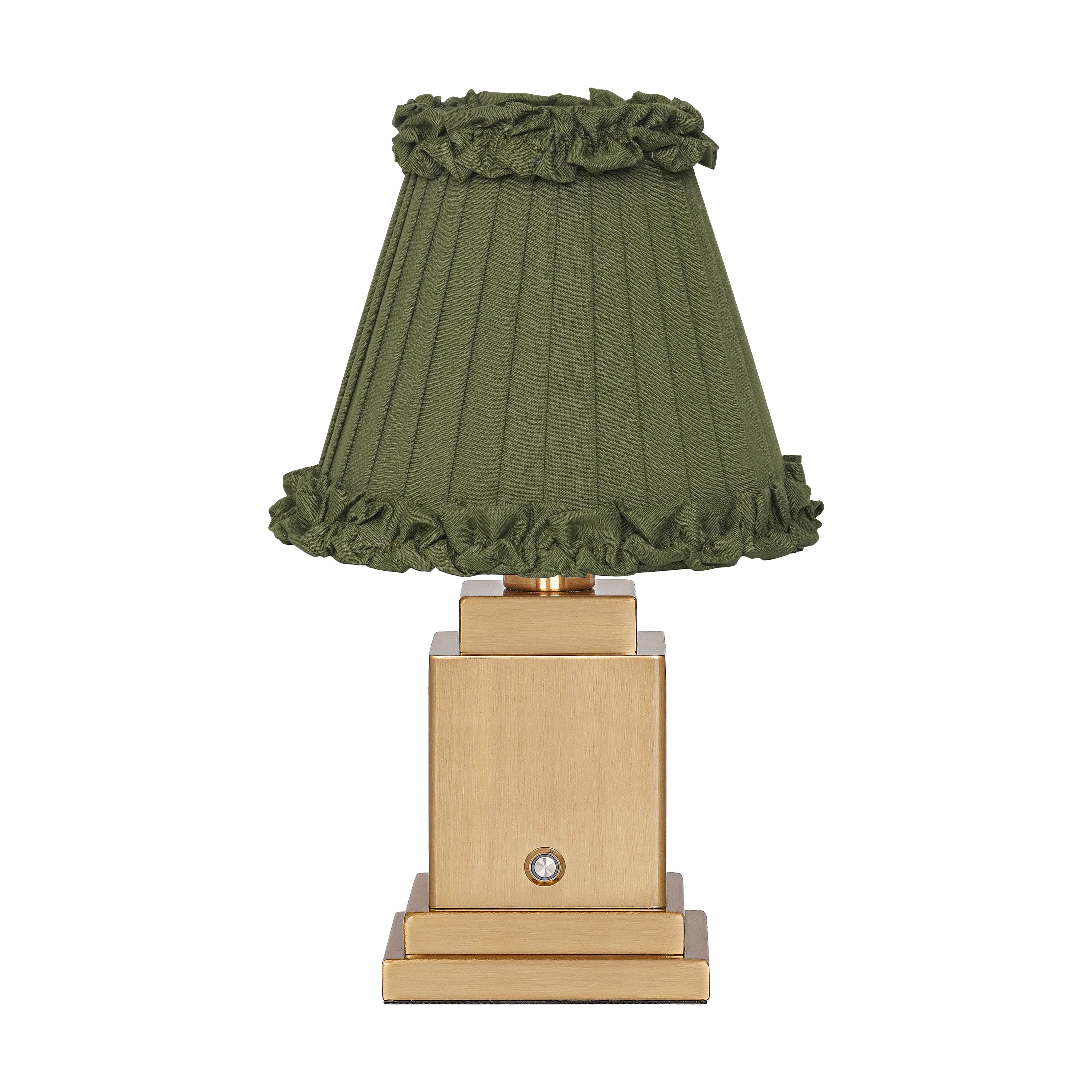 OSCAR Brass Rechargeable Lamp with OLIVE GREEN Frilled Fabric Lampshade