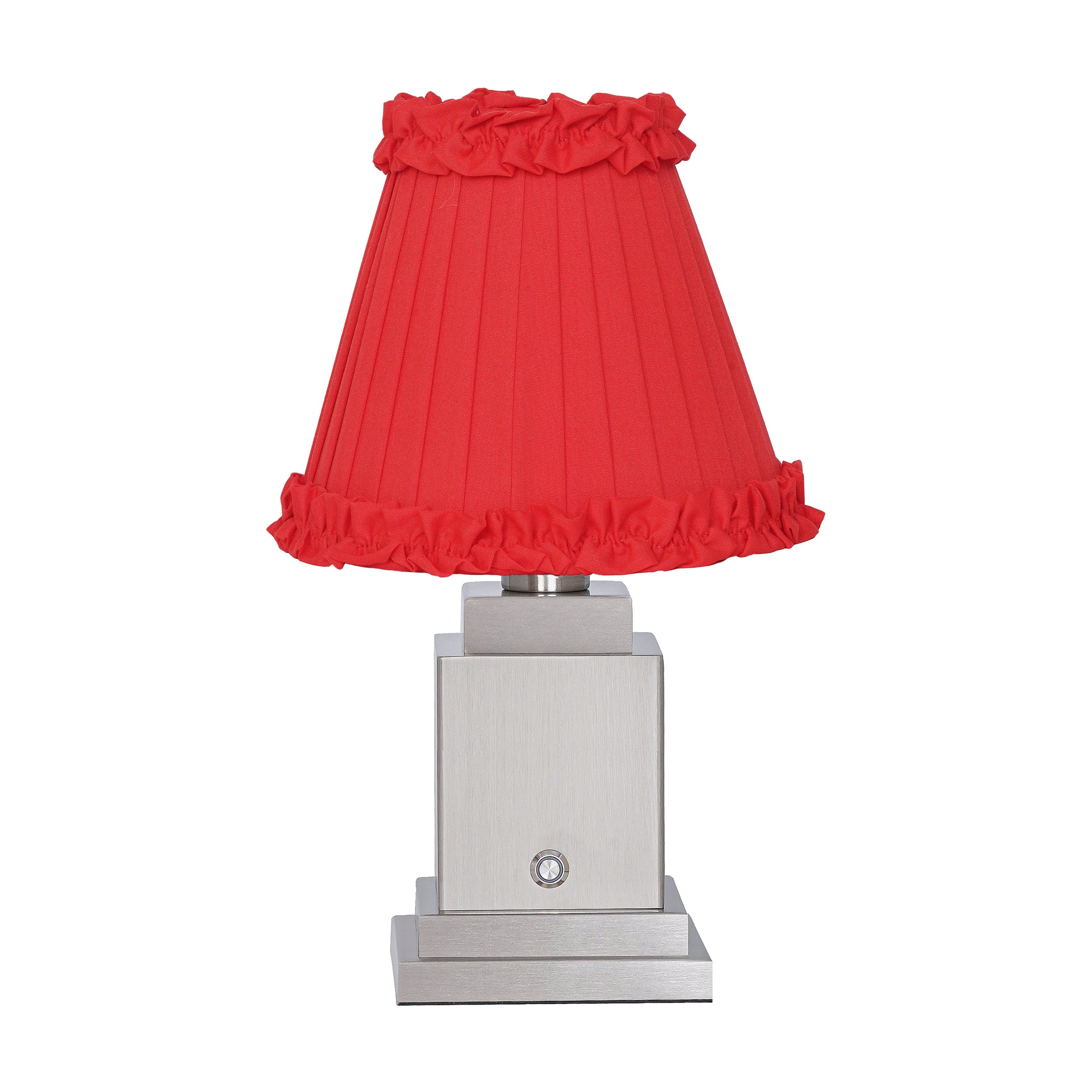 OSCAR Silver Rechargeable Lamp with Red Brick Frilled Fabric Lampshade