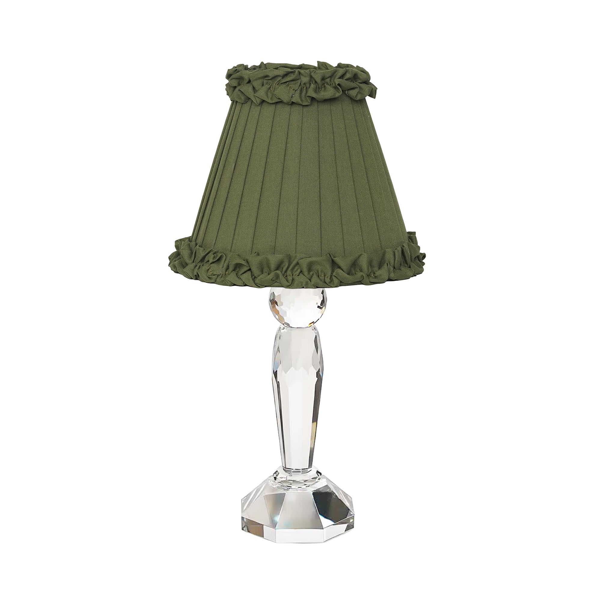 MERLIN Crystal Rechargeable Lamp with Olive Green Frilled Fabric Lampshade