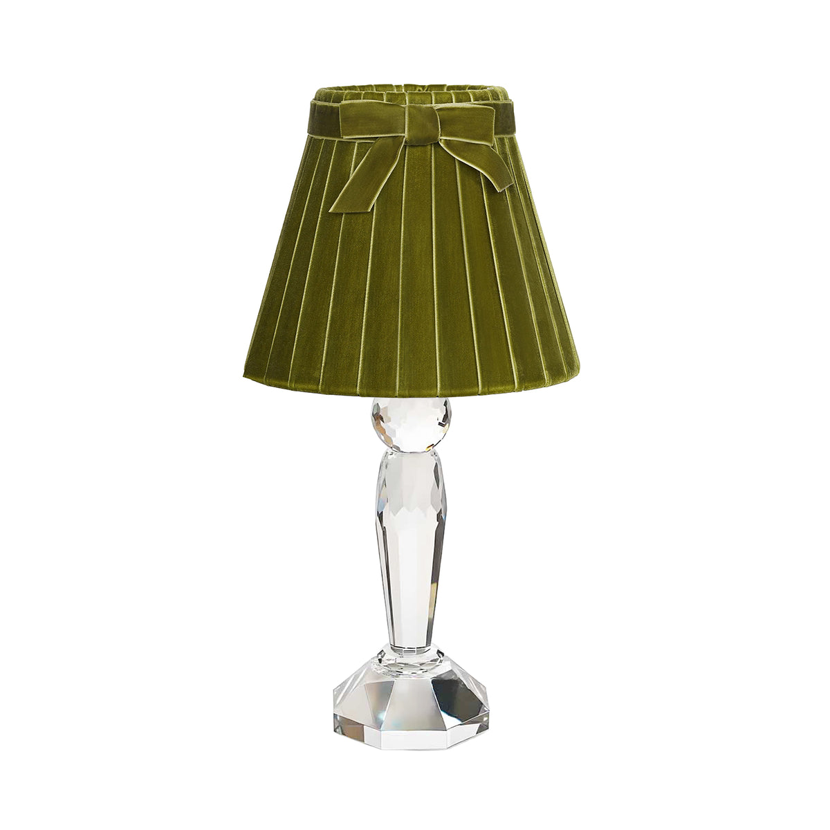 Merlin faceted crystal cordless table lamp with 7.1 inch olive green velvet lampshade