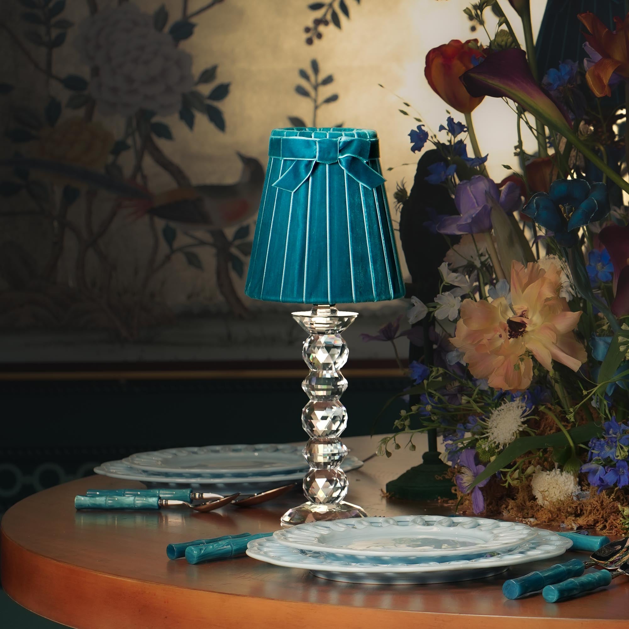 LANCELOT Rechargeable Lamp with 5.5" Teal Velvet Lampshade