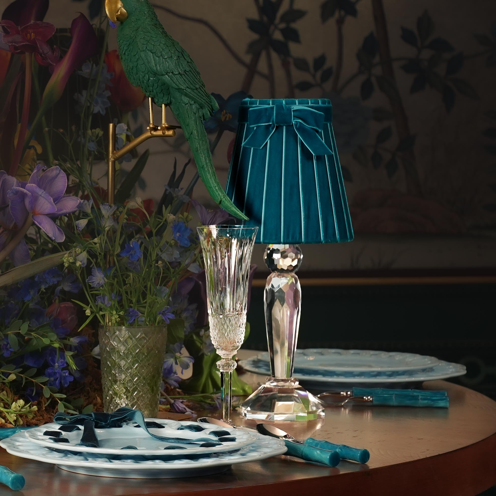 MERLIN Crystal Rechargeable Lamp with 5.5" Teal Velvet Lampshade