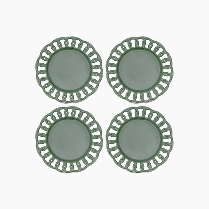 Set of four dark olive green ceramic salad plates with lace borders