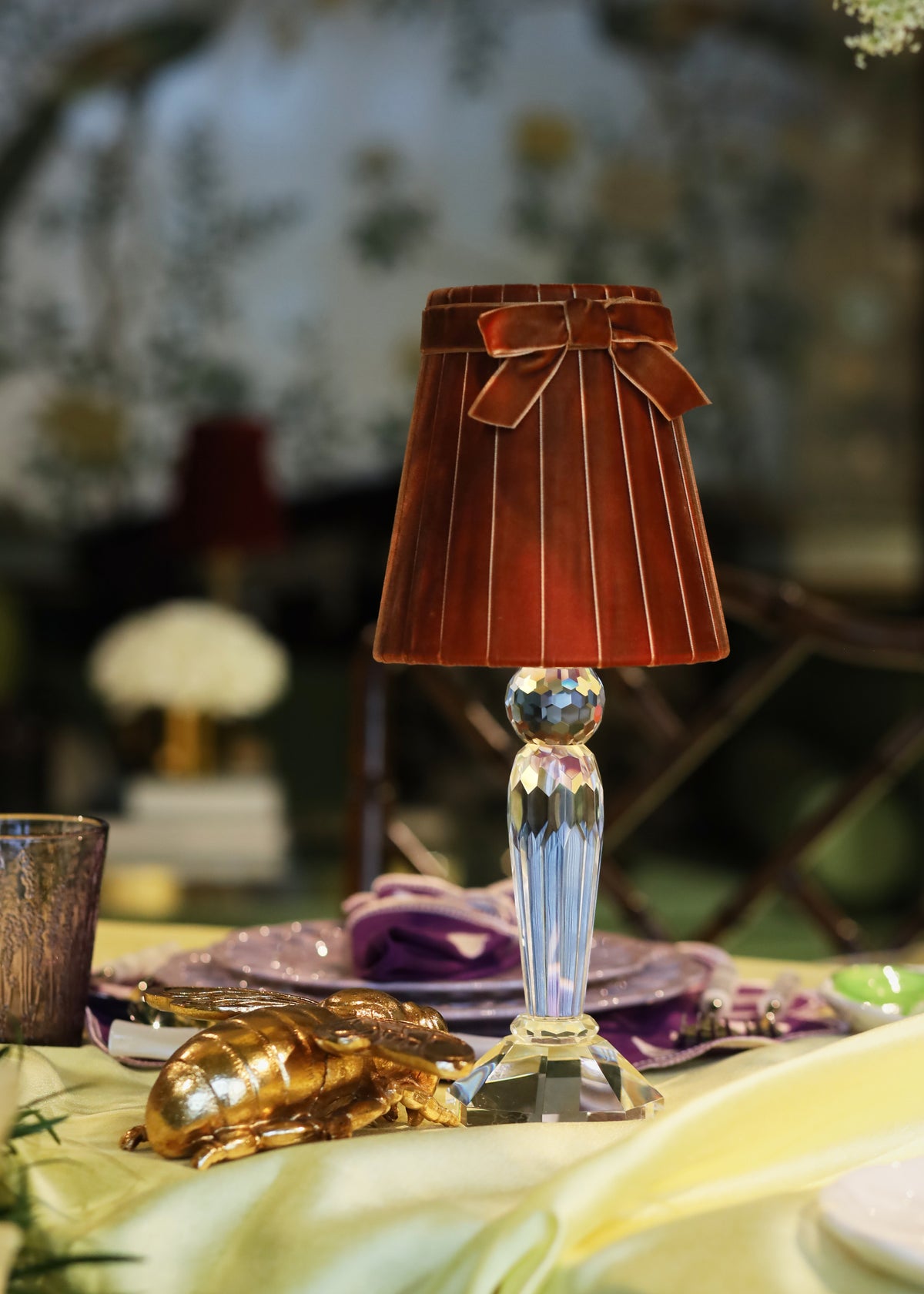 MERLIN Crystal Rechargeable Lamp With 5.5" Burnt Orange Velvet Lampshade