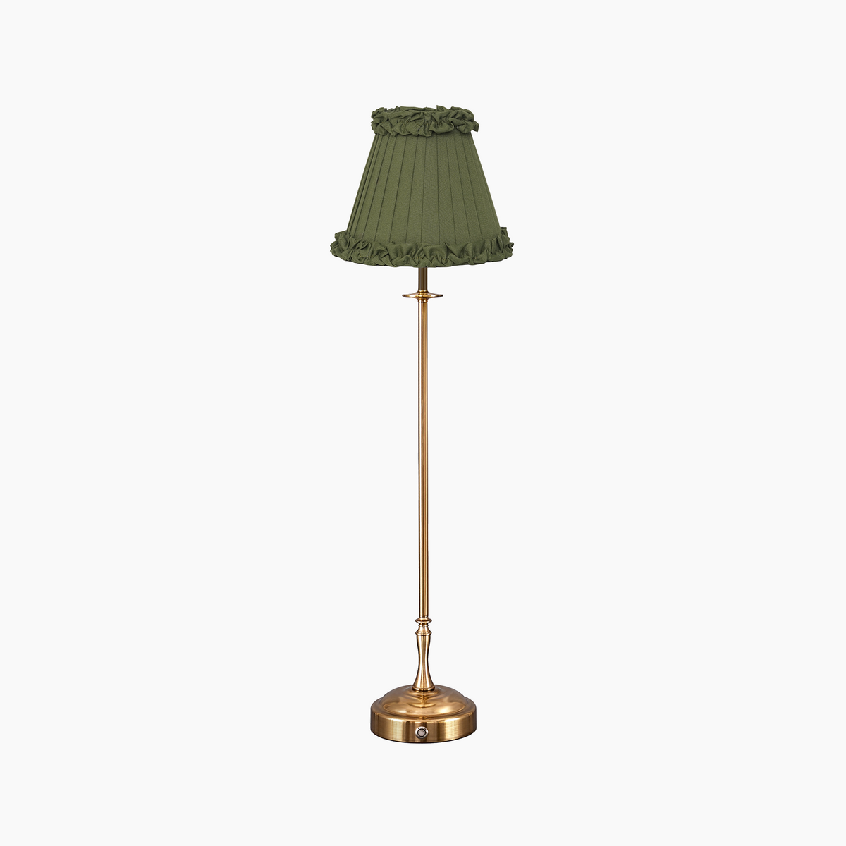 METALL Rechargeable Lamp With Olive Green Frilled Fabric Lampshade