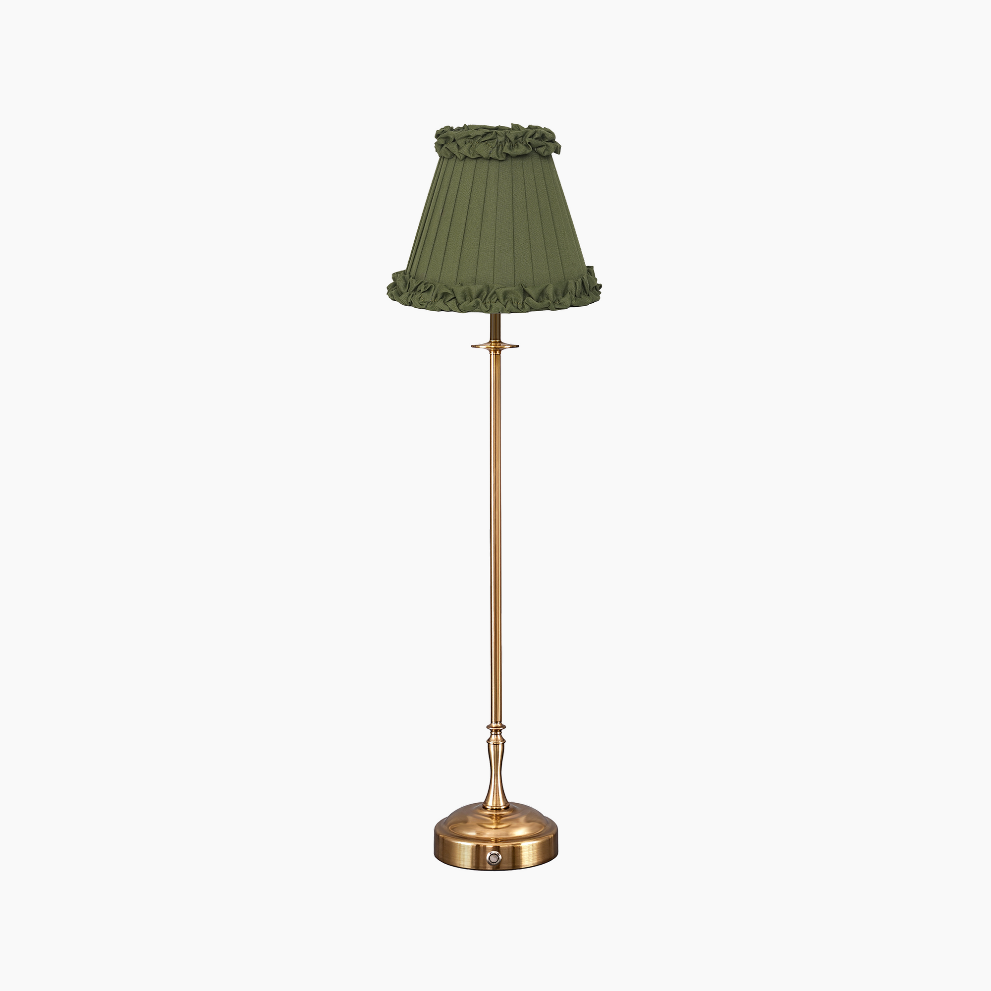 METALL Rechargeable Lamp With Olive Green Frilled Fabric Lampshade