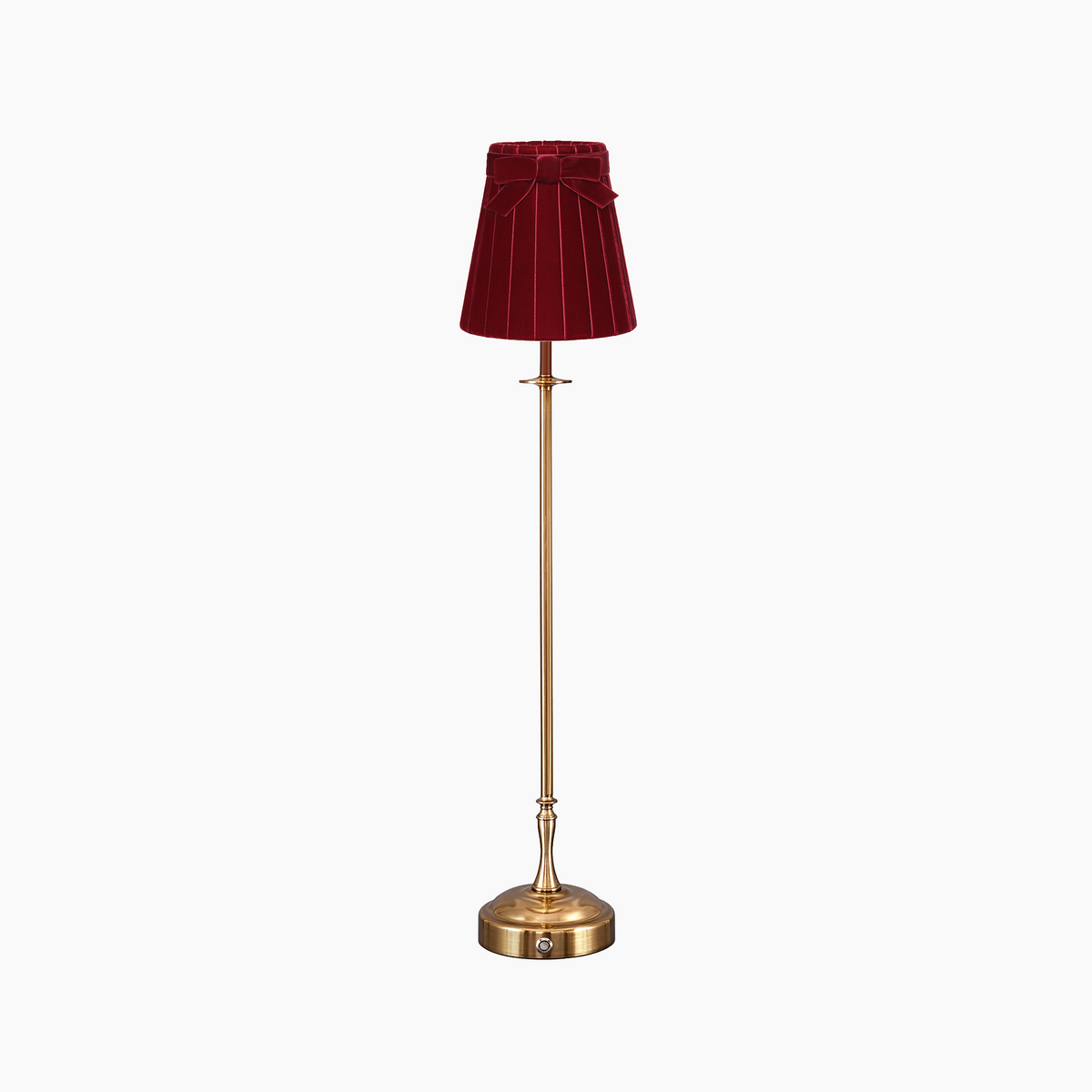 Metall antique gold cordless table lamp with 5.5 inch deep crimson velvet lampshade