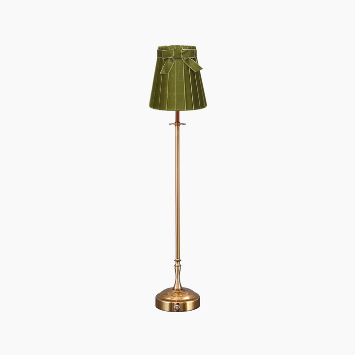Metall antique gold cordless table lamp with 5.5 inch olive green velvet lampshade