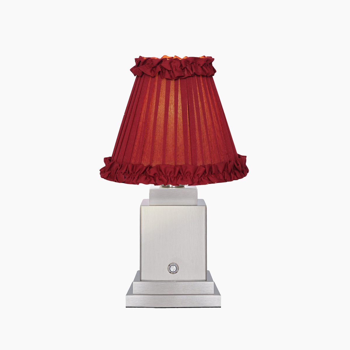 OSCAR Silver Rechargeable Lamp with Red Wine Frilled Fabric Lampshade
