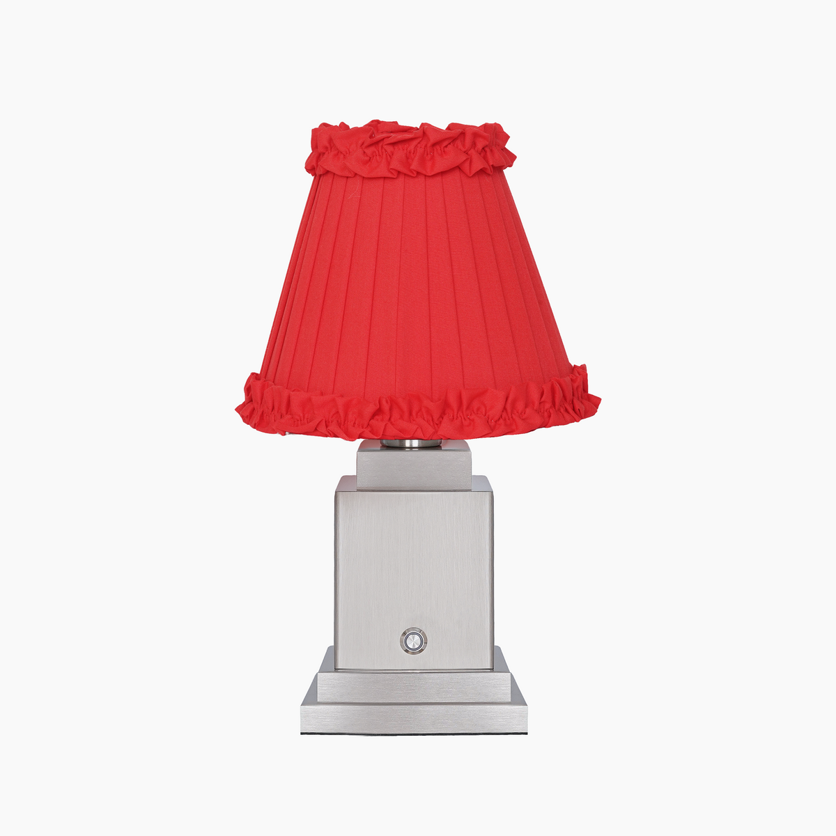 OSCAR Silver Rechargeable Lamp with Red Brick Frilled Fabric Lampshade