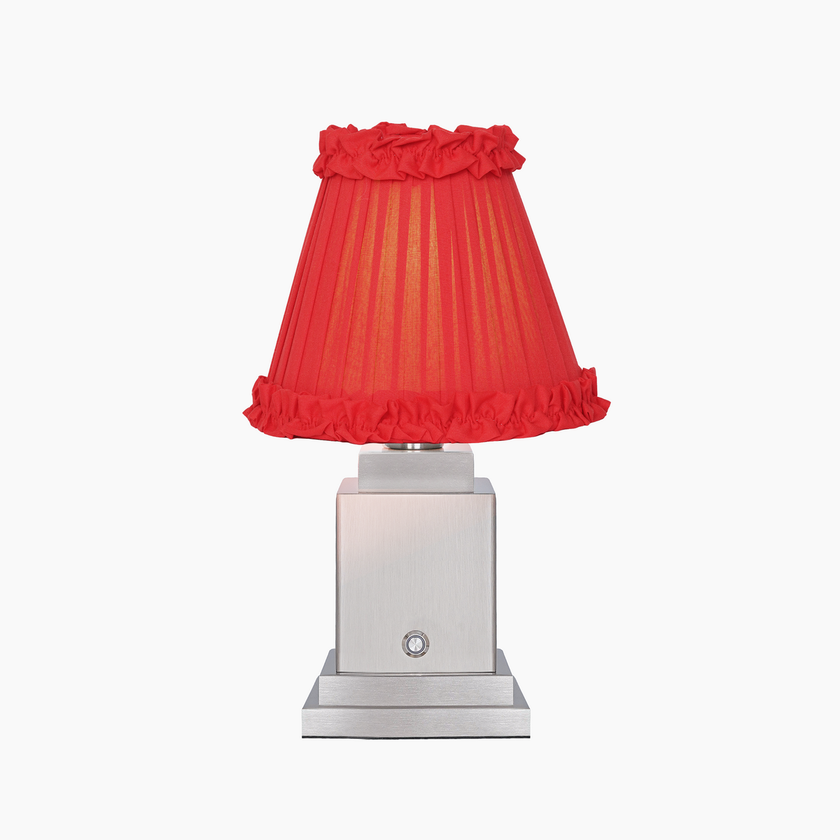 OSCAR Silver Rechargeable Lamp with Red Brick Frilled Fabric Lampshade