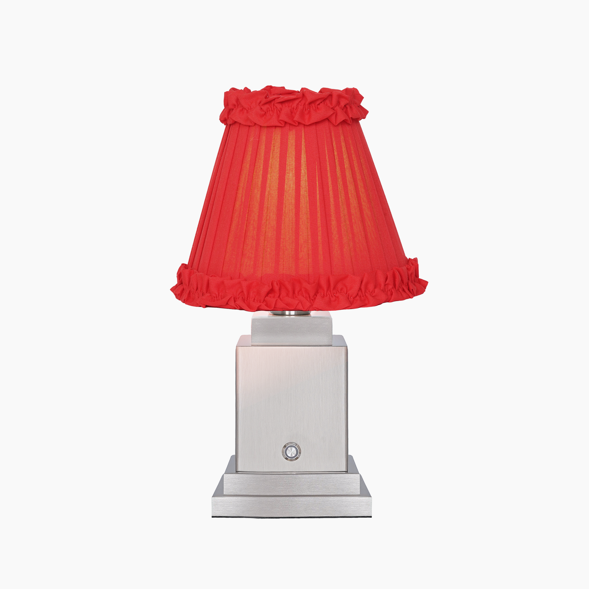 OSCAR Silver Rechargeable Lamp with Red Brick Frilled Fabric Lampshade