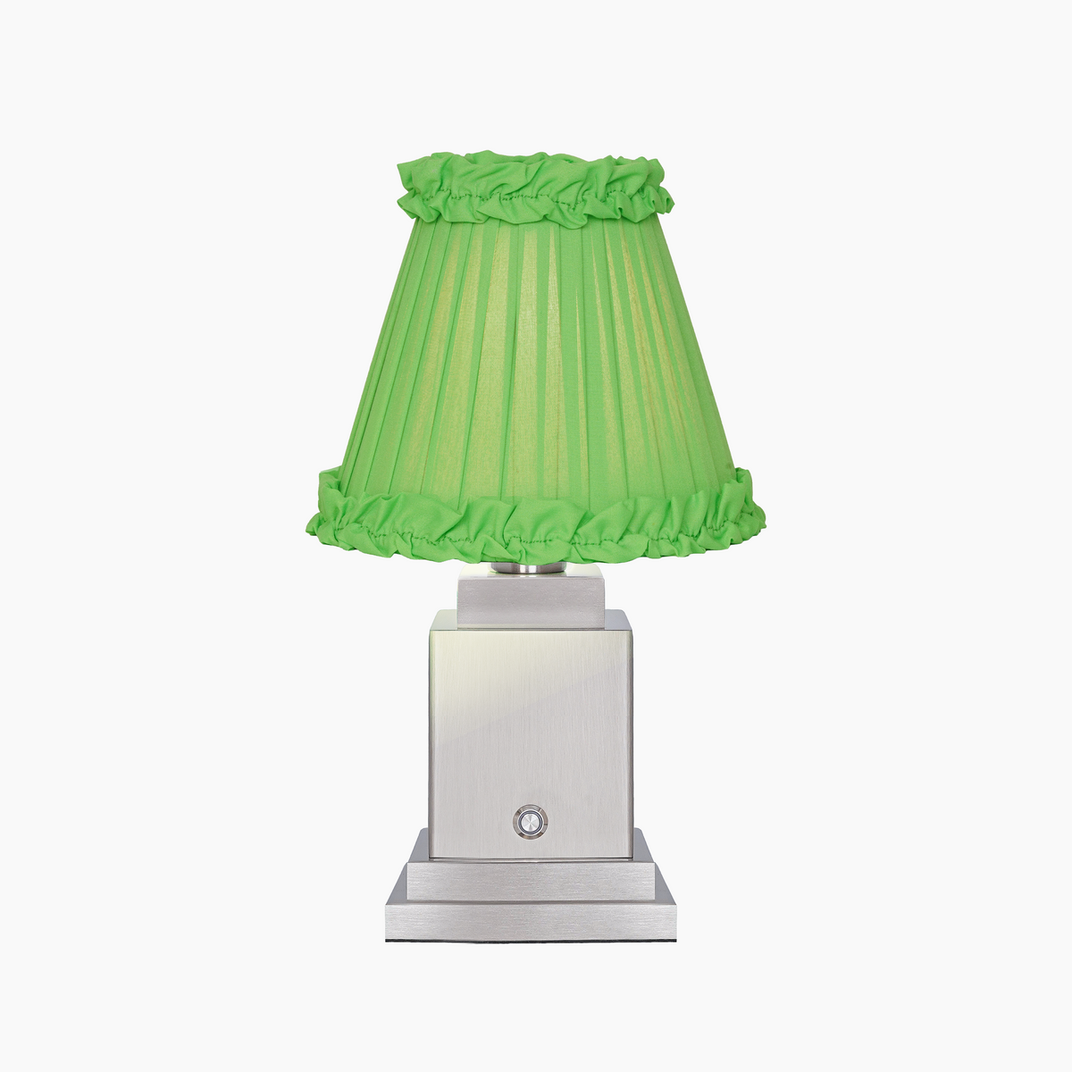OSCAR Silver Rechargeable Lamp with Lime Green Frilled Fabric Lampshade