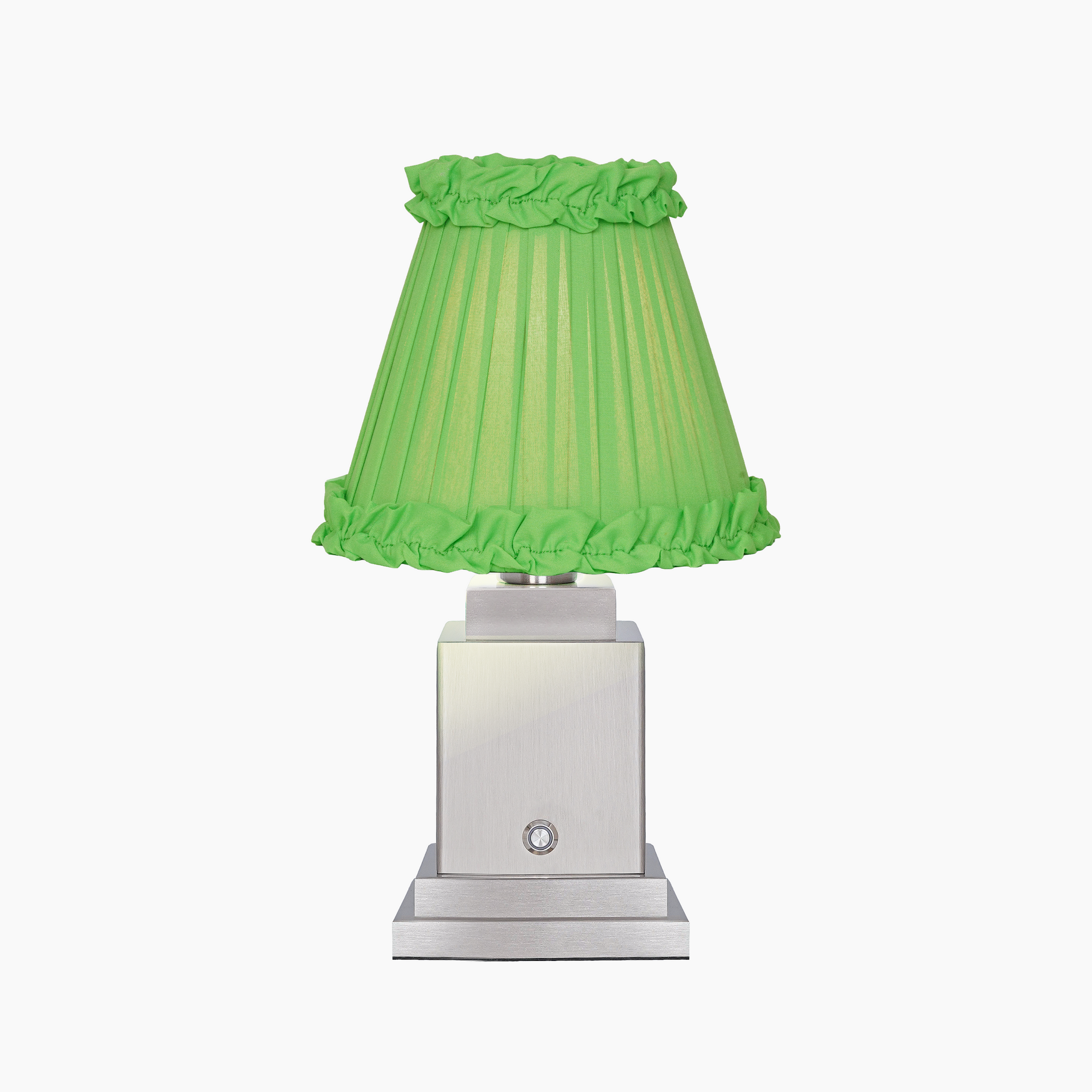 OSCAR Silver Rechargeable Lamp with Lime Green Frilled Fabric Lampshade