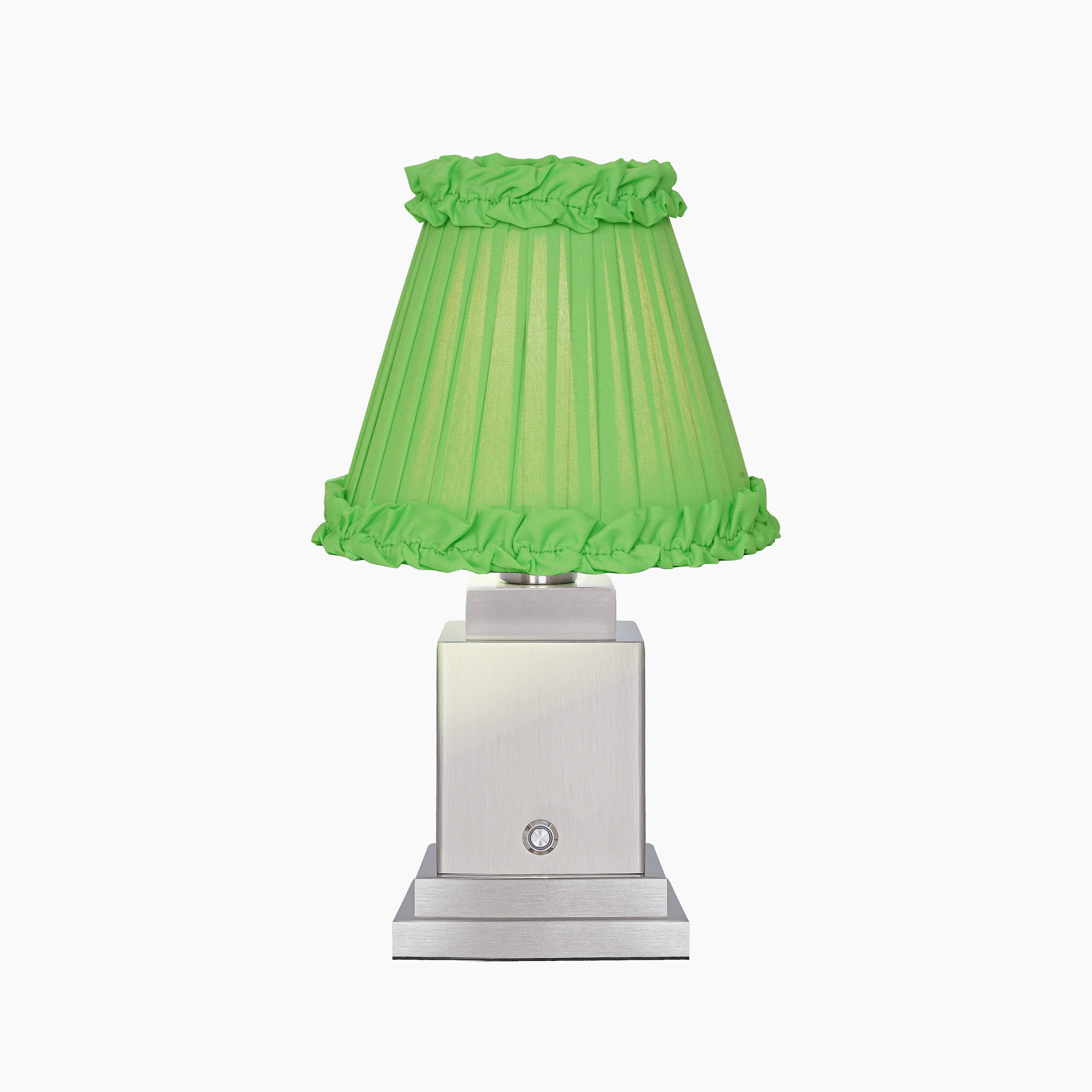 OSCAR Silver Rechargeable Lamp with Lime Green Frilled Fabric Lampshade