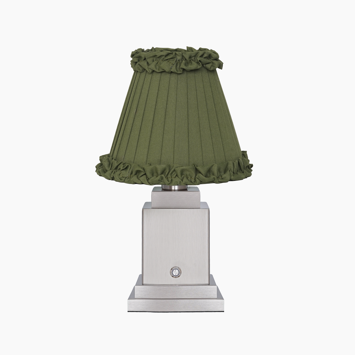 OSCAR Silver Rechargeable Lamp with Olive Green Frilled Fabric Lampshade