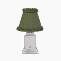 OSCAR Silver Rechargeable Lamp with Olive Green Frilled Fabric Lampshade
