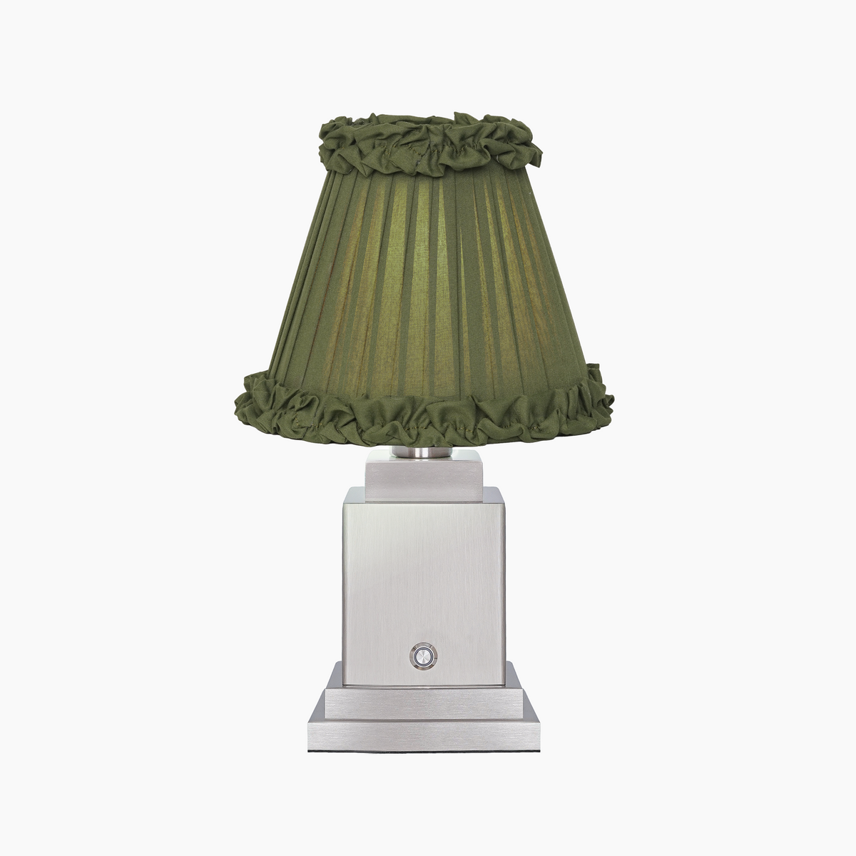 OSCAR Silver Rechargeable Lamp with Olive Green Frilled Fabric Lampshade