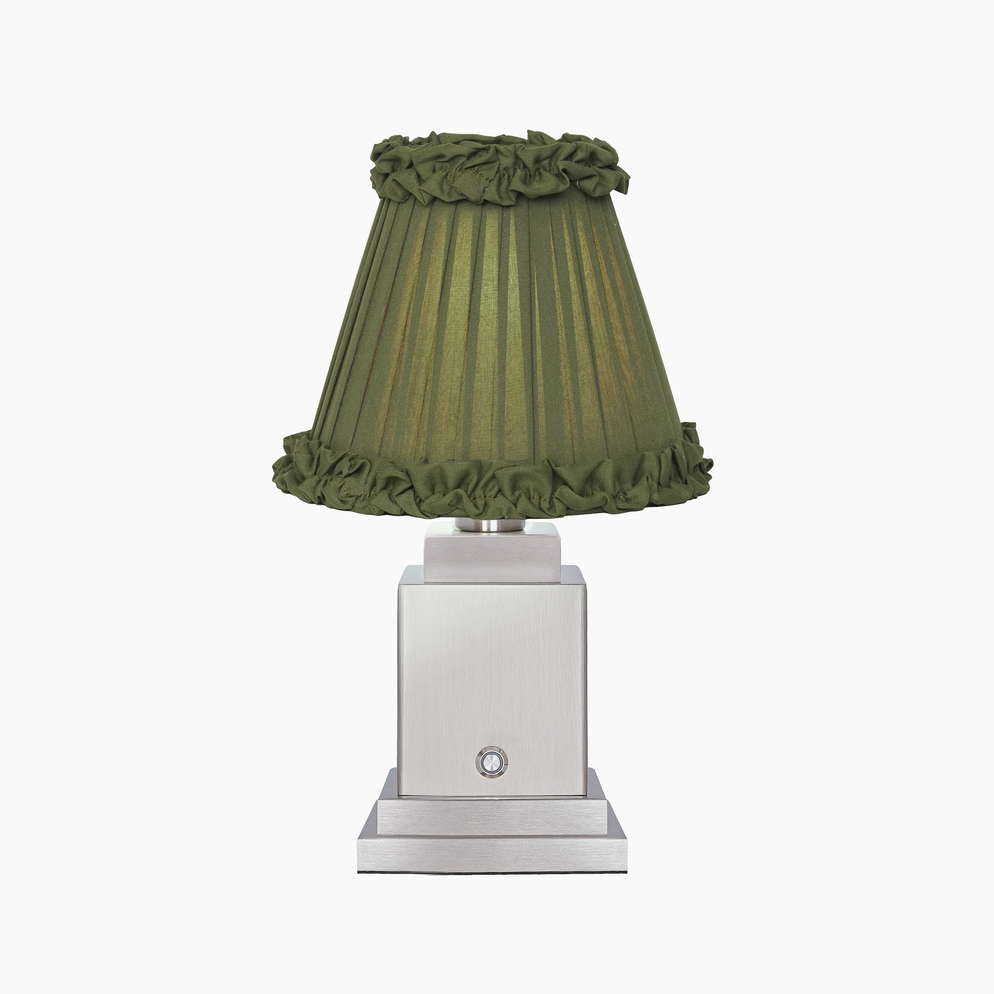 OSCAR Silver Rechargeable Lamp with Olive Green Frilled Fabric Lampshade