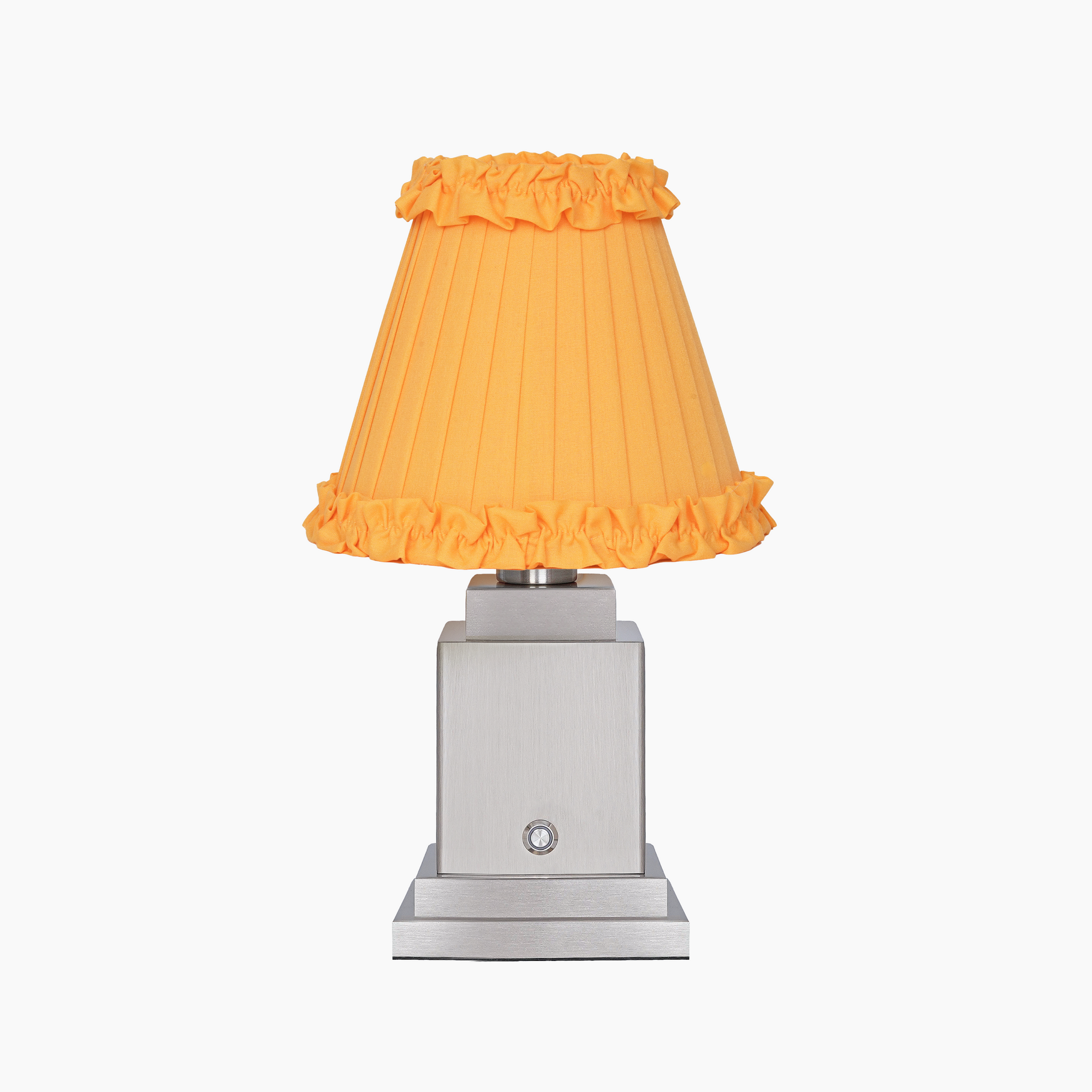 OSCAR Silver Rechargeable Lamp with Marigold Frilled Fabric Lampshade