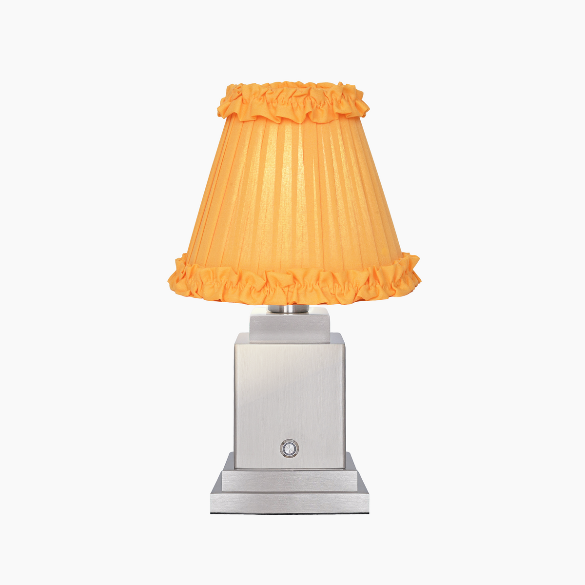 OSCAR Silver Rechargeable Lamp with Marigold Frilled Fabric Lampshade