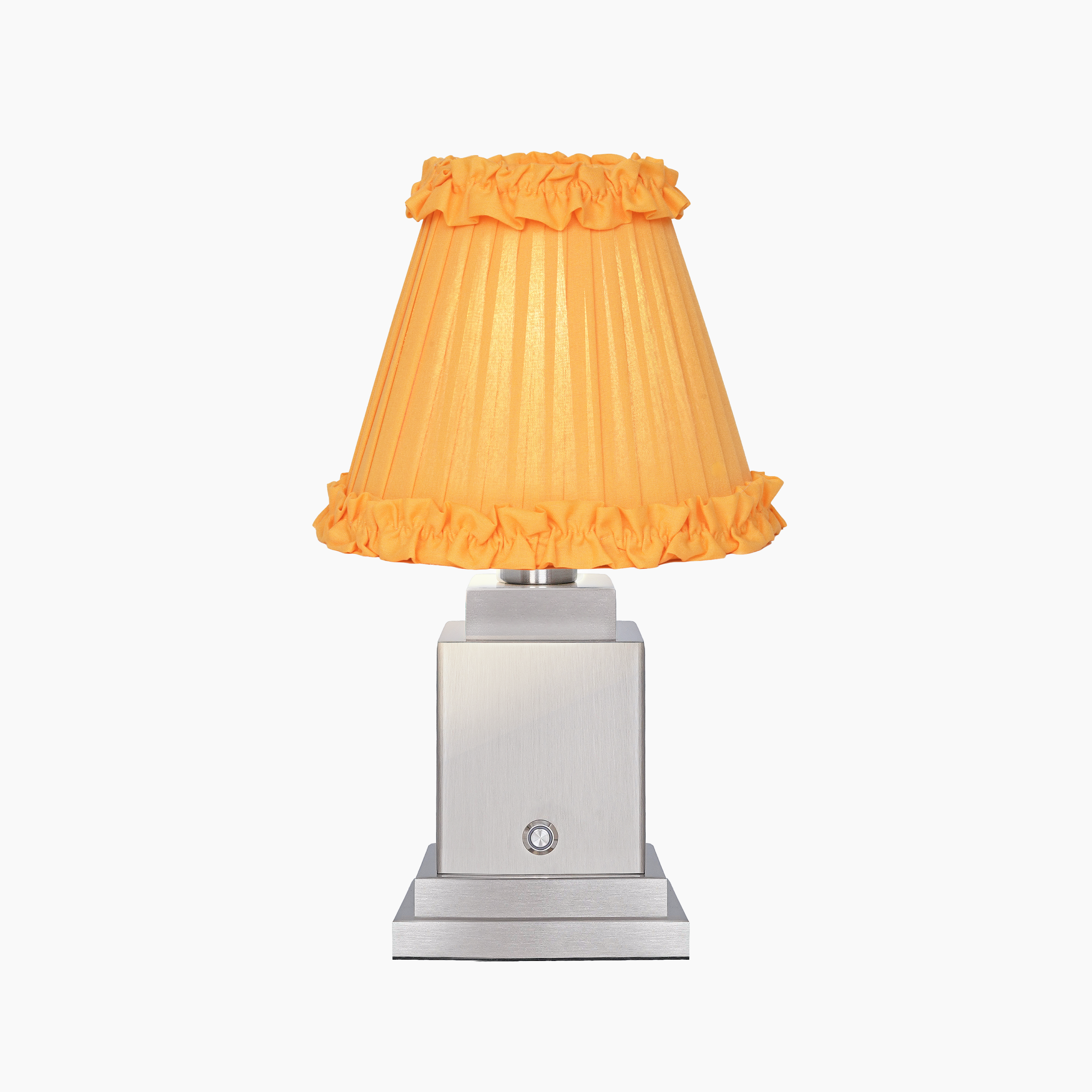 OSCAR Silver Rechargeable Lamp with Marigold Frilled Fabric Lampshade