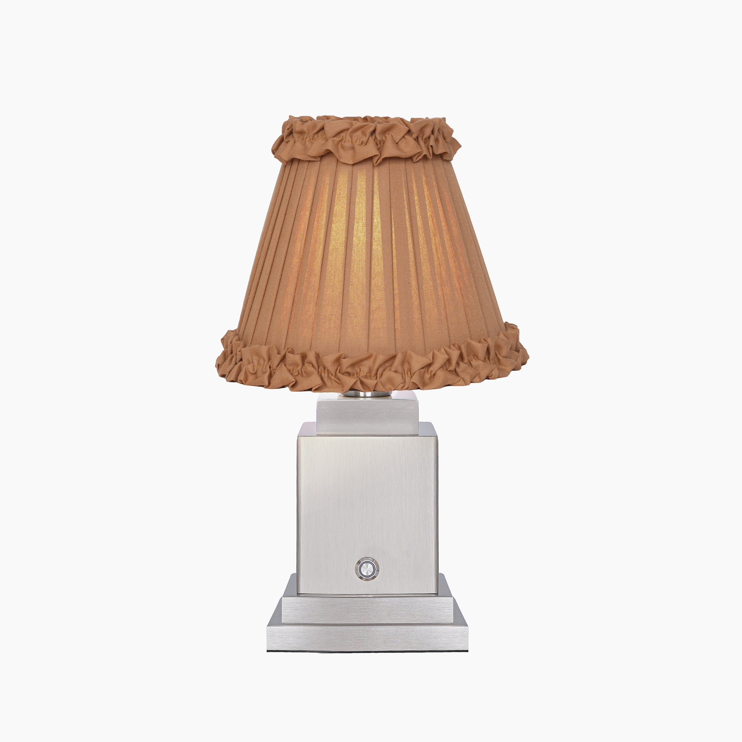 OSCAR Silver Rechargeable Lamp with Camel Frilled Fabric Lampshade