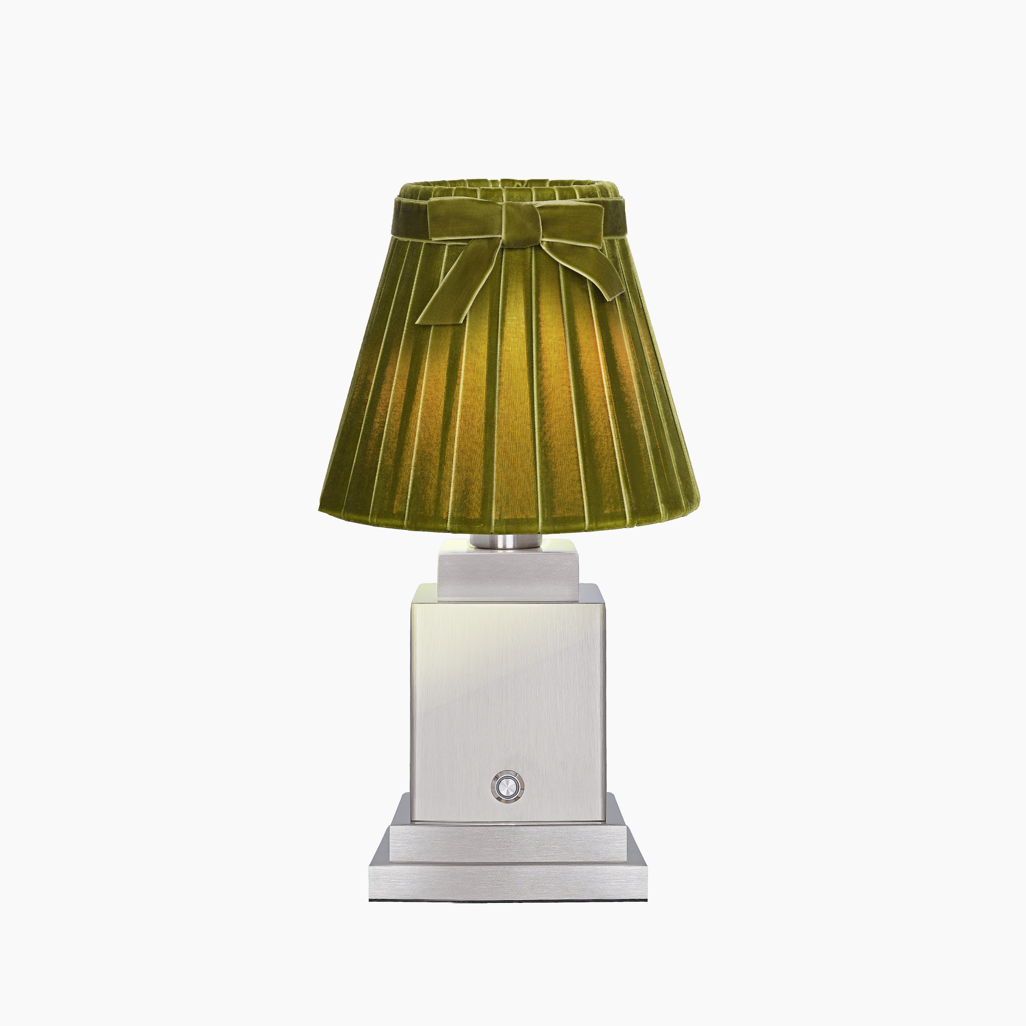 OSCAR Silver Rechargeable Lamp with 7.1" Olive Green Velvet Lampshade