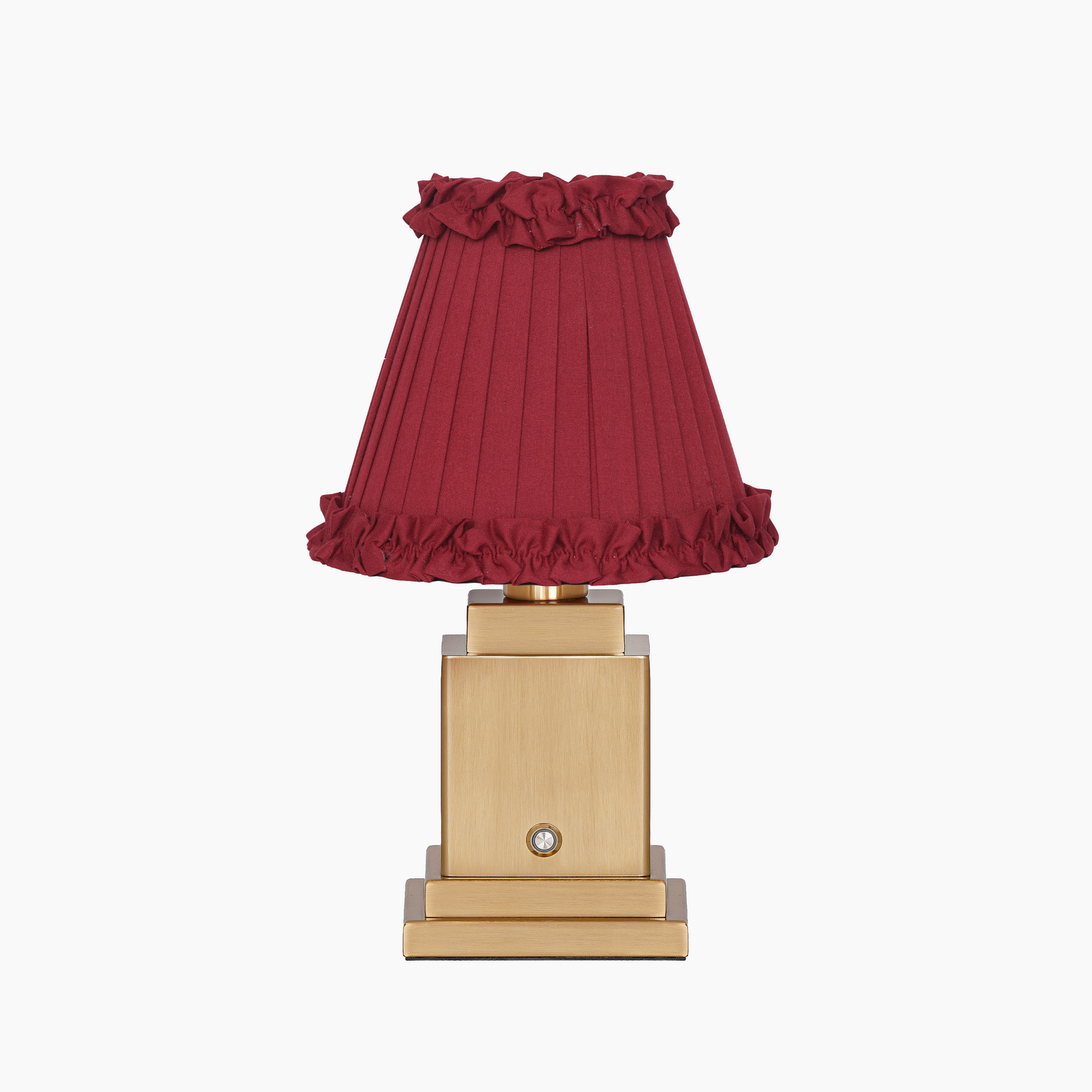 OSCAR Brass Rechargeable Lamp with RED WINE Frilled Fabric Lampshade