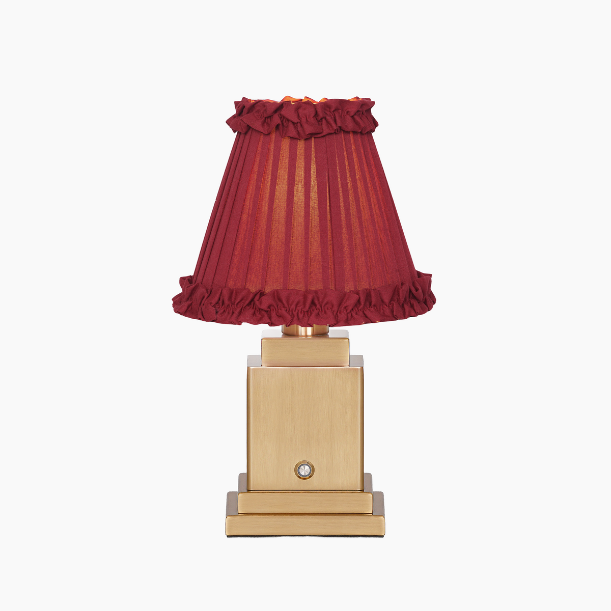OSCAR Brass Rechargeable Lamp with RED WINE Frilled Fabric Lampshade