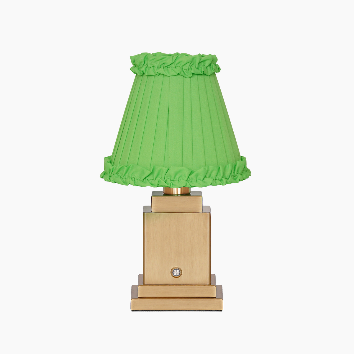 OSCAR Brass Rechargeable Lamp with LIME GREEN Frilled Fabric Lampshade