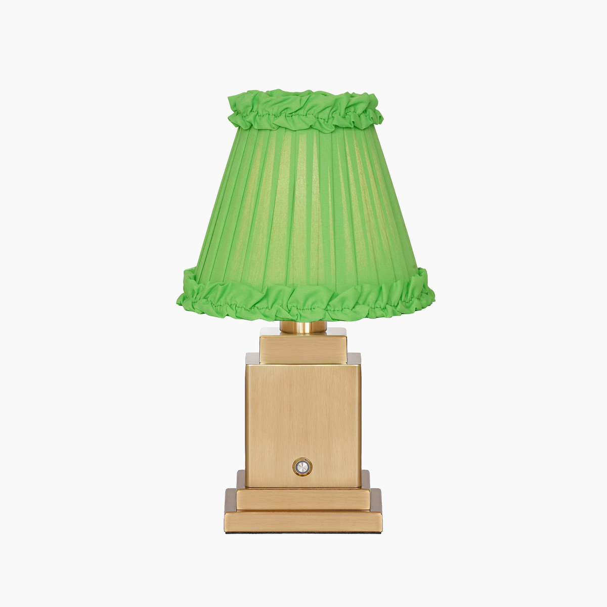 OSCAR Brass Rechargeable Lamp with LIME GREEN Frilled Fabric Lampshade