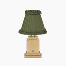 OSCAR Brass Rechargeable Lamp with OLIVE GREEN Frilled Fabric Lampshade