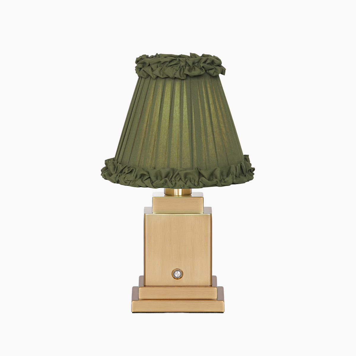 OSCAR Brass Rechargeable Lamp with OLIVE GREEN Frilled Fabric Lampshade