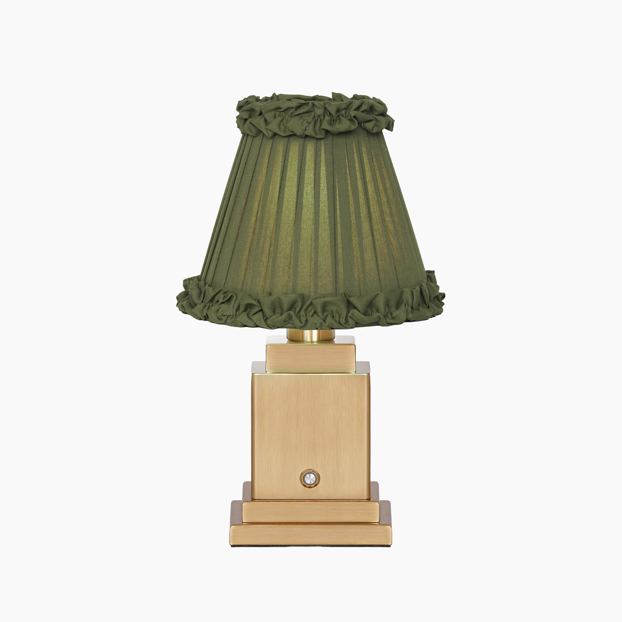 OSCAR Brass Rechargeable Lamp with OLIVE GREEN Frilled Fabric Lampshade