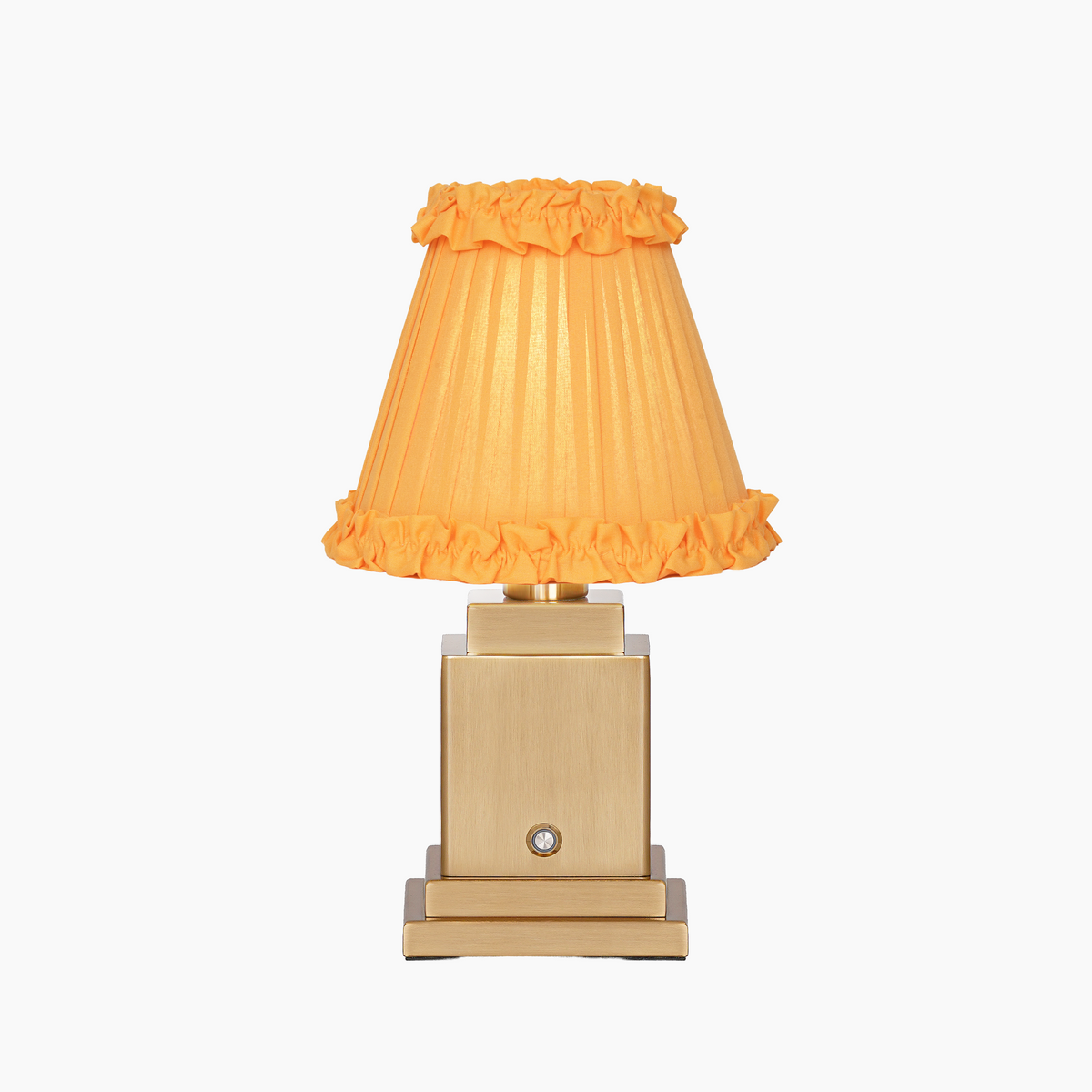 OSCAR Brass Rechargeable Lamp with Marigold Frilled Fabric Lampshade