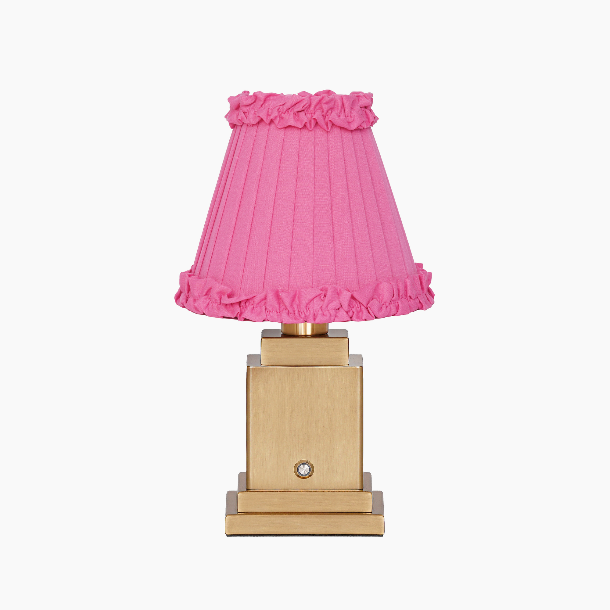 OSCAR Brass Rechargeable Lamp with FUCHSIA Frilled Fabric Lampshade