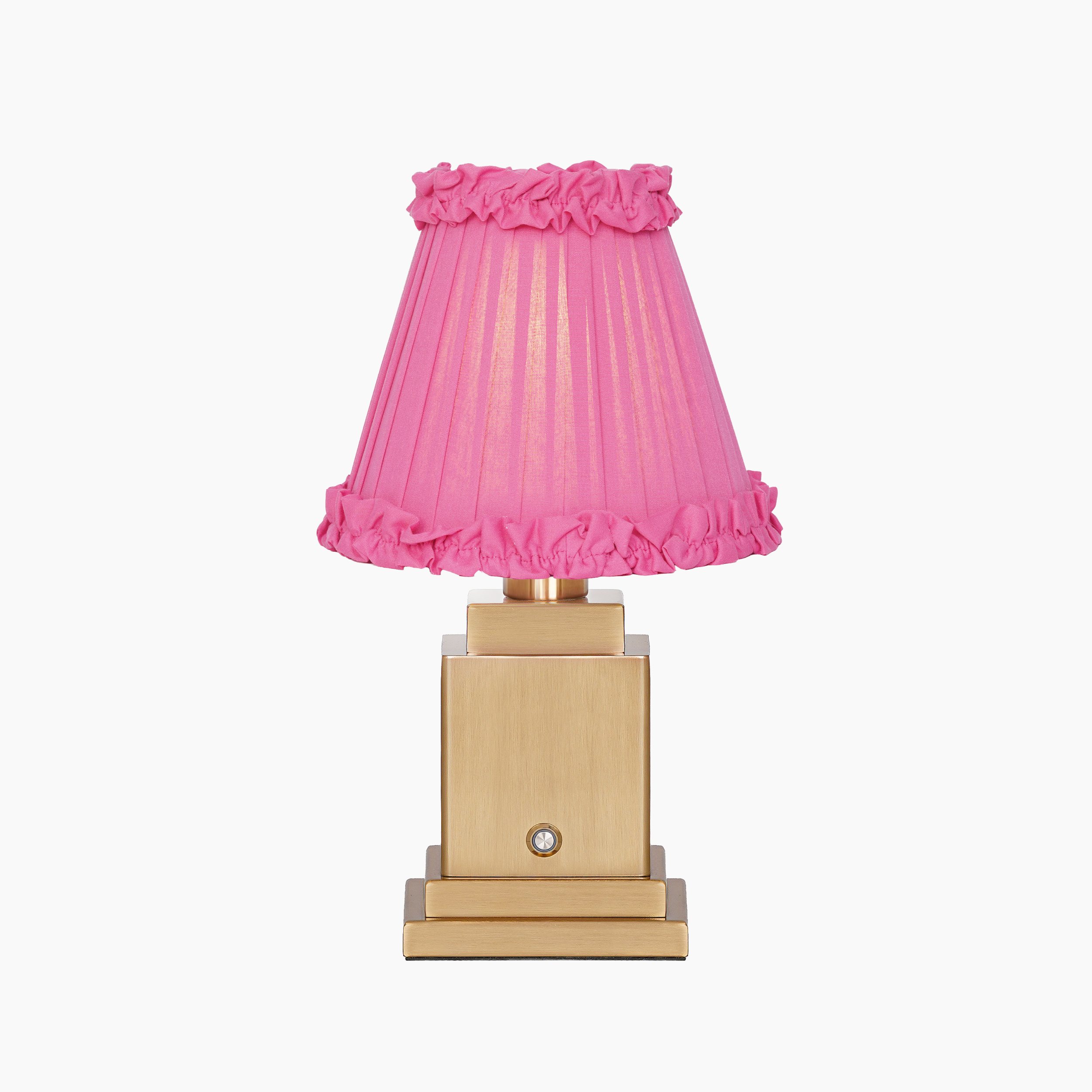 OSCAR Brass Rechargeable Lamp with FUCHSIA Frilled Fabric Lampshade