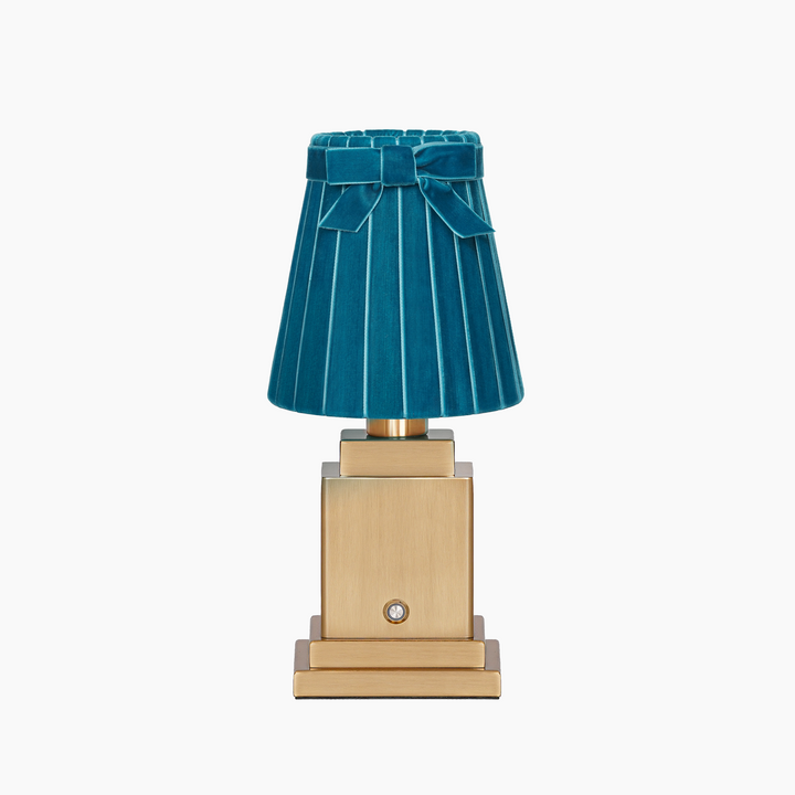 Oscar brass cordless table lamp with 5.5 inch jewel-tone teal velvet lampshade