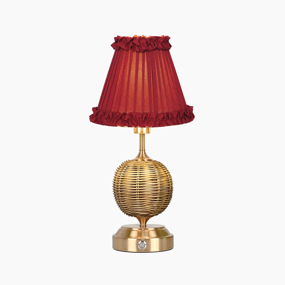 RADEN WICKER Rechargeable Lamp with Red Wine Frilled Fabric Lampshade