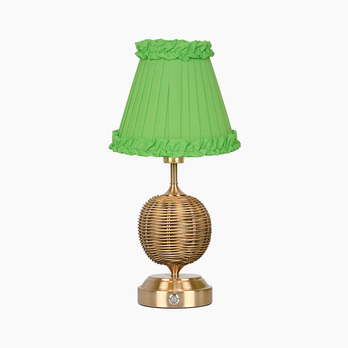 RADEN WICKER Rechargeable Lamp with Lime Green Frilled Fabric Lampshade