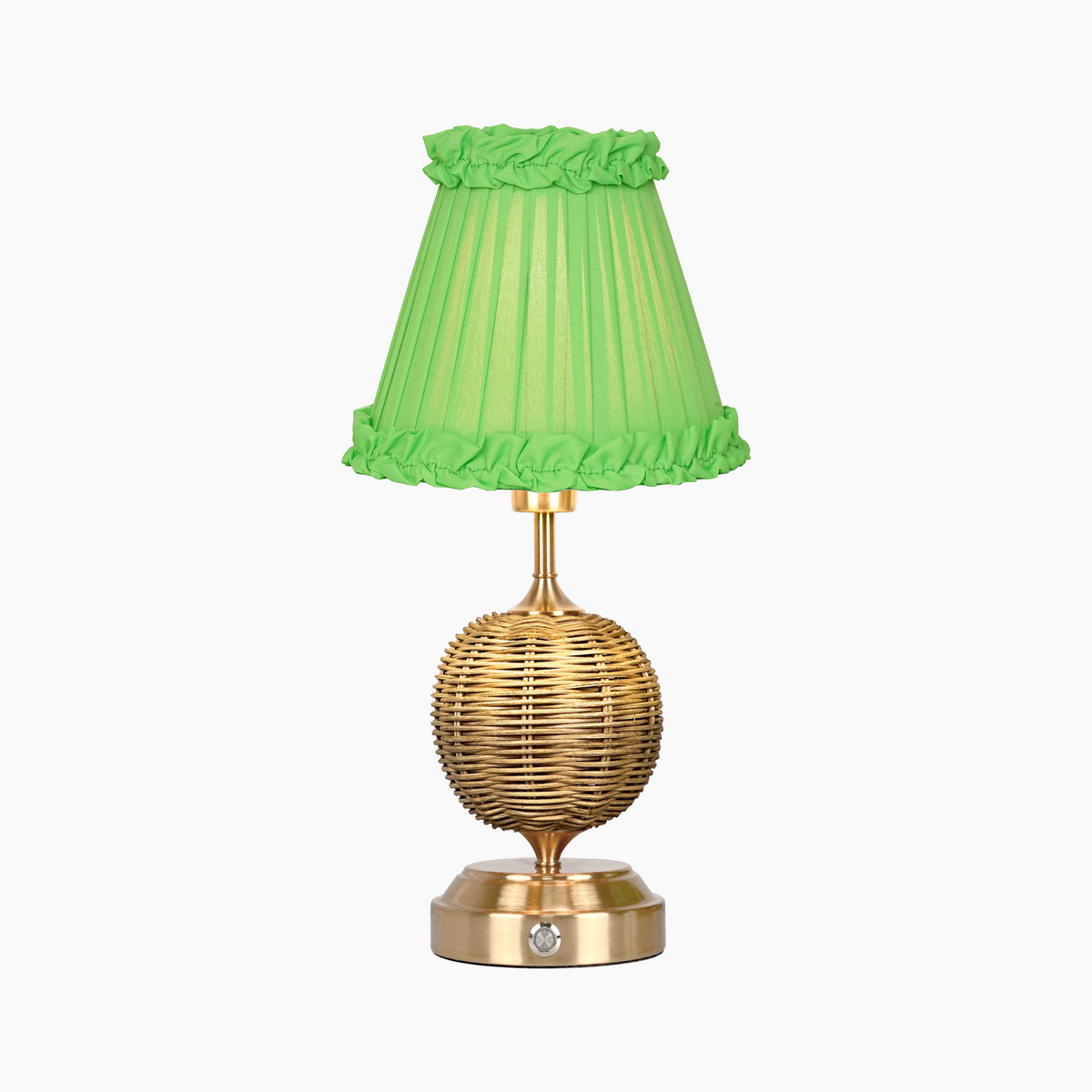 RADEN WICKER Rechargeable Lamp with Lime Green Frilled Fabric Lampshade