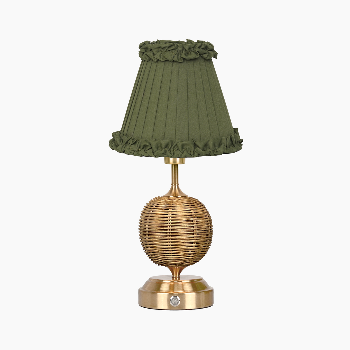 RADEN WICKER Rechargeable Lamp with Olive Green Frilled Fabric Lampshade