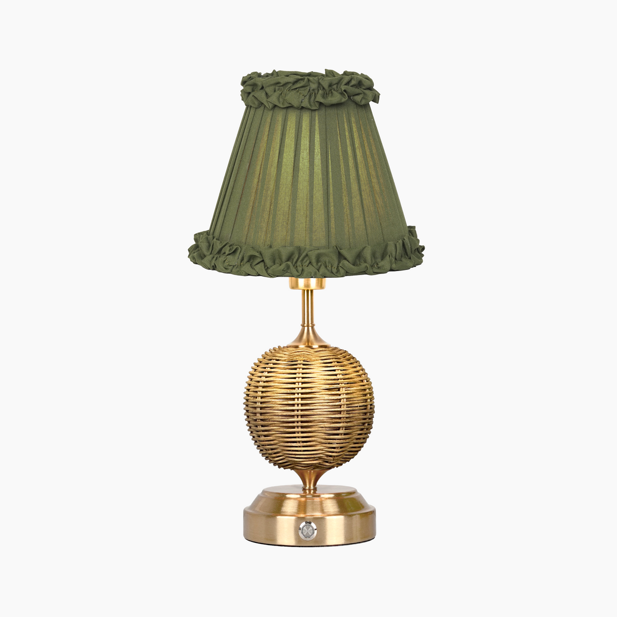 RADEN WICKER Rechargeable Lamp with Olive Green Frilled Fabric Lampshade