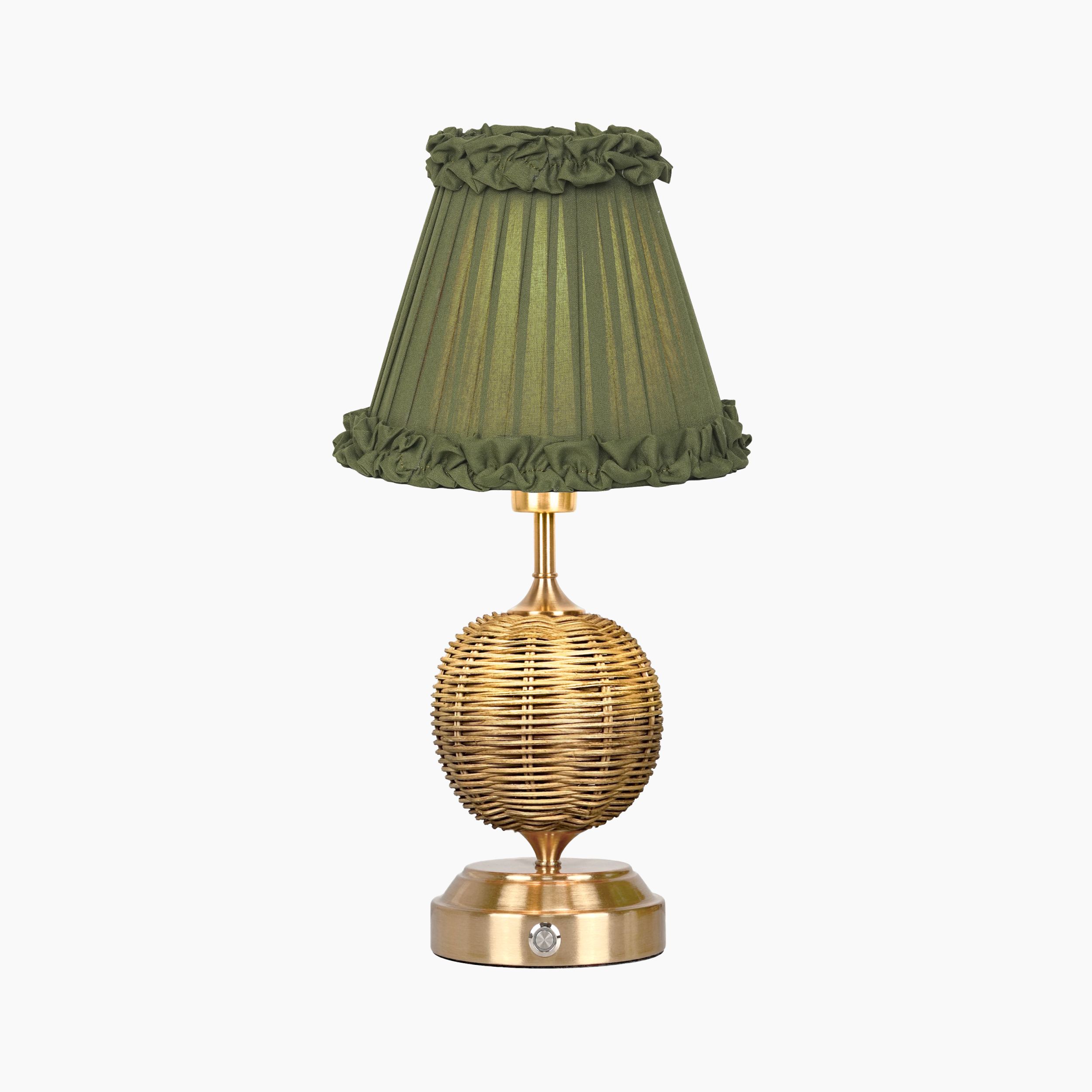 RADEN WICKER Rechargeable Lamp with Olive Green Frilled Fabric Lampshade