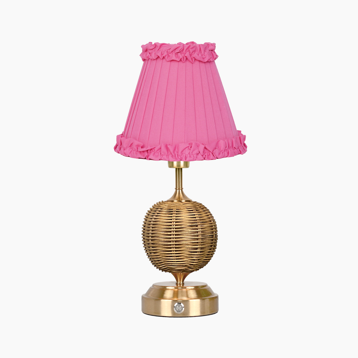 RADEN WICKER Rechargeable Lamp with Fuchsia Frilled Fabric Lampshade