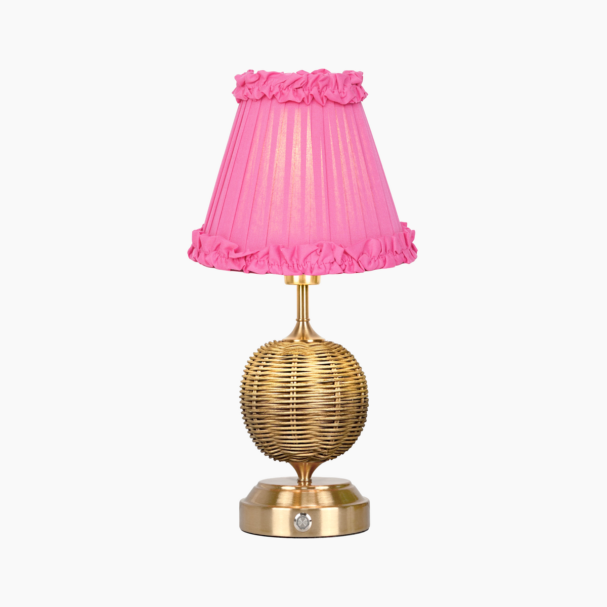 RADEN WICKER Rechargeable Lamp with Fuchsia Frilled Fabric Lampshade