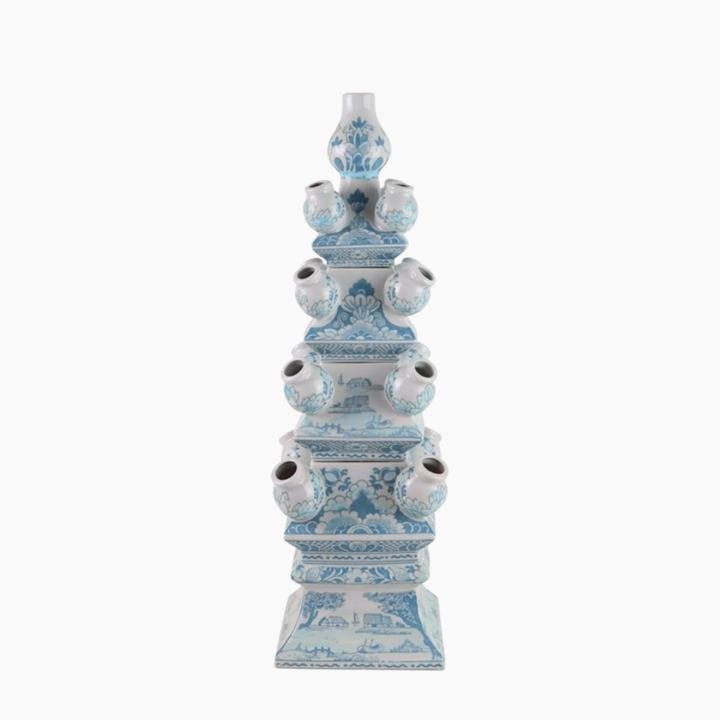Four-tier blue and white Delft-style porcelain tulipiere vase with hand-painted florals, 22.8 inch
