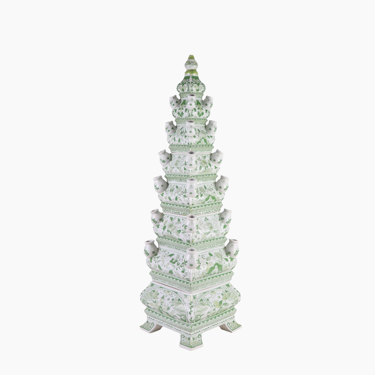 Five-tier green Delft-style porcelain tulip pyramid vase, 31.3 inch
