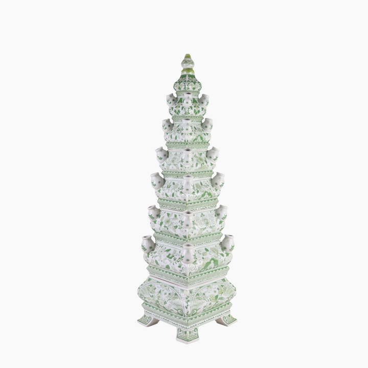 Five-tier green Delft-style porcelain tulip pyramid vase, 31.3 inch